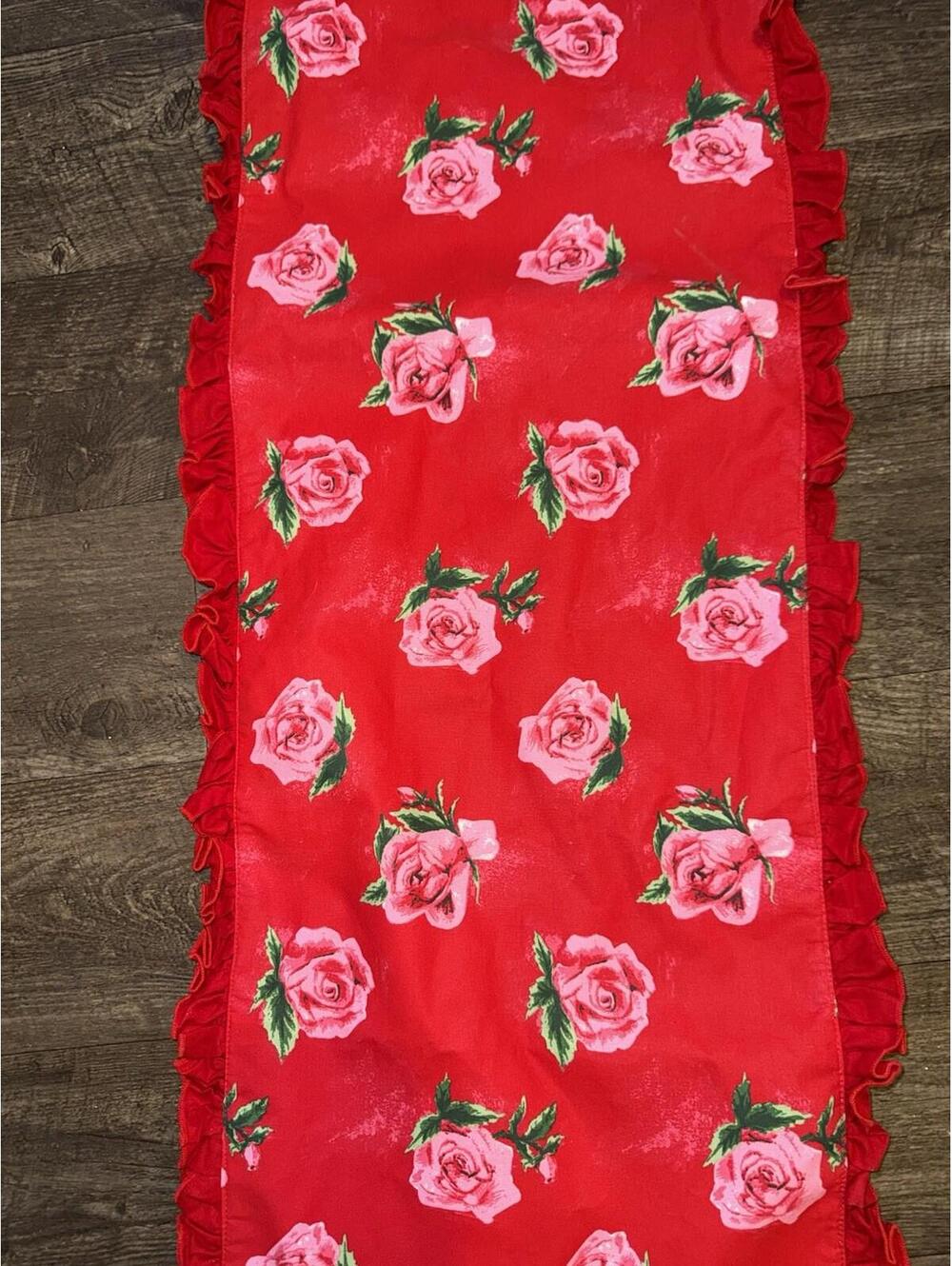 Threshold 72"x14" Roses Reversible Table Runner Red Stripes Ruffle Decor - Picture 2 of 7